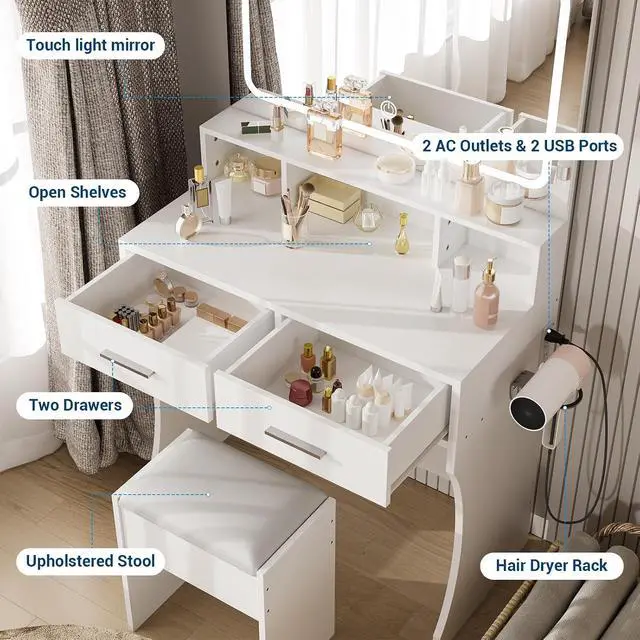 Alt view image 3 of 7 - Patikuin Vanity Desk with Mirror and Lights, Makeup Vanity Table Set with Drawers, Charging Station & Stool, Compact Wood Make Up Dressing Table for Girls Bedroom, Dorm Apartments, White