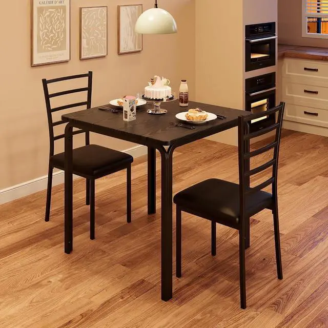 Main image of Patikuin Space-Saving 3-Piece Modern Square Dining Table Set for 2 Black Table with 2 Upholstered Chairs Sturdy Metal Frame Built-in Wine Rack Easy Assembly Black