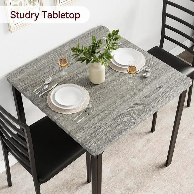Alt view image 6 of 7 - Patikuin Space-Saving Modern 3-Piece Square Dining Table Set for 2 Kitchen Table and Upholstered Chairs Sturdy Metal Frame & MDF Built-in Storage Shelf Easy Assembly Oak