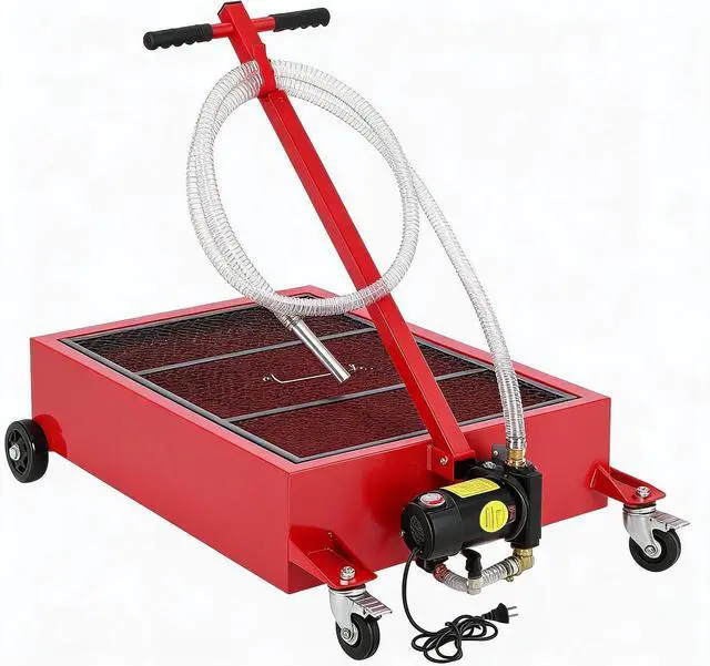 Main image of Patikuin Heavy Duty Low Profile Oil Drain Pan - 25 Gallon, 110V Electric Pump, 8.2 ft Discharge Hose, Folding Handle - Rolling Oil Change Tank for Cars, Trucks, SUVs, Buses, RVs - Red | 25 Gallon