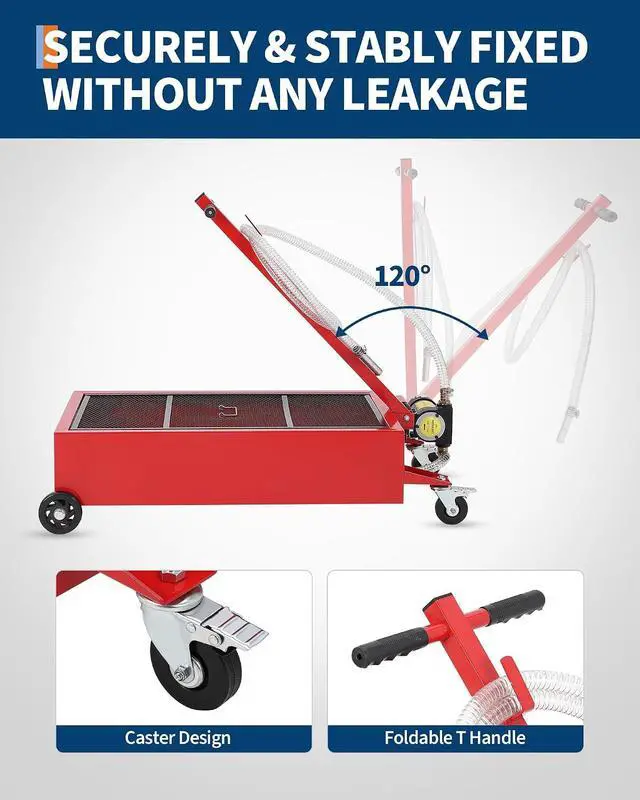 Alt view image 4 of 7 - Patikuin Heavy Duty Low Profile Oil Drain Pan - 25 Gallon, 110V Electric Pump, 8.2 ft Discharge Hose, Folding Handle - Rolling Oil Change Tank for Cars, Trucks, SUVs, Buses, RVs - Red | 25 Gallon