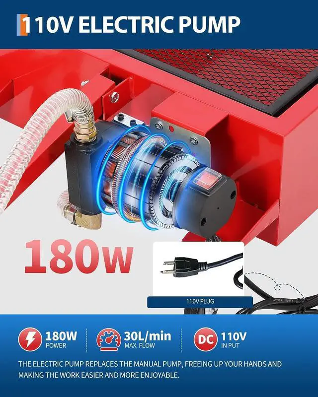 Alt view image 6 of 7 - Patikuin Heavy Duty Low Profile Oil Drain Pan - 25 Gallon, 110V Electric Pump, 8.2 ft Discharge Hose, Folding Handle - Rolling Oil Change Tank for Cars, Trucks, SUVs, Buses, RVs - Red | 25 Gallon