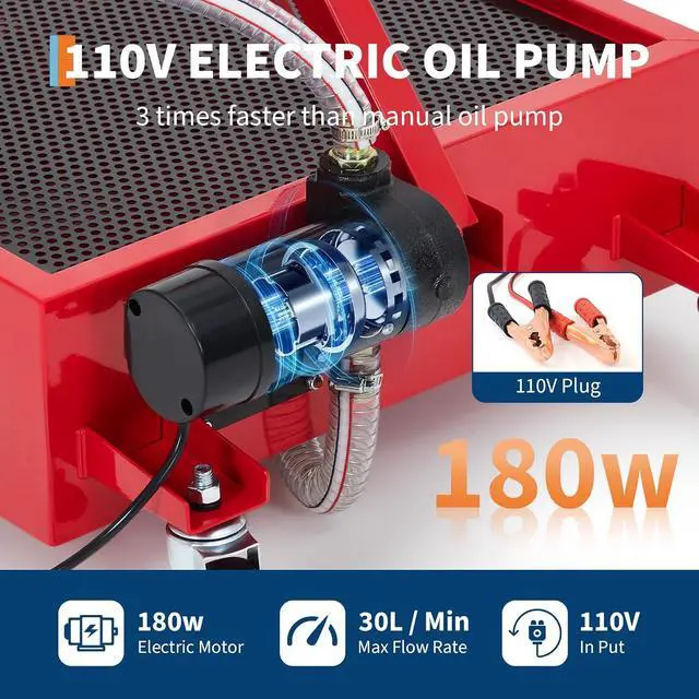 Alt view image 6 of 7 - Patikuin Heavy Duty Low Profile Oil Drain Pan - 20 Gallon, 110V Electric Pump, 8.2 ft Hose, Folding Handle, Metal Cart, Gloves Included - Large Capacity Oil Change Pan for Trucks, Buses, RVs, Cars