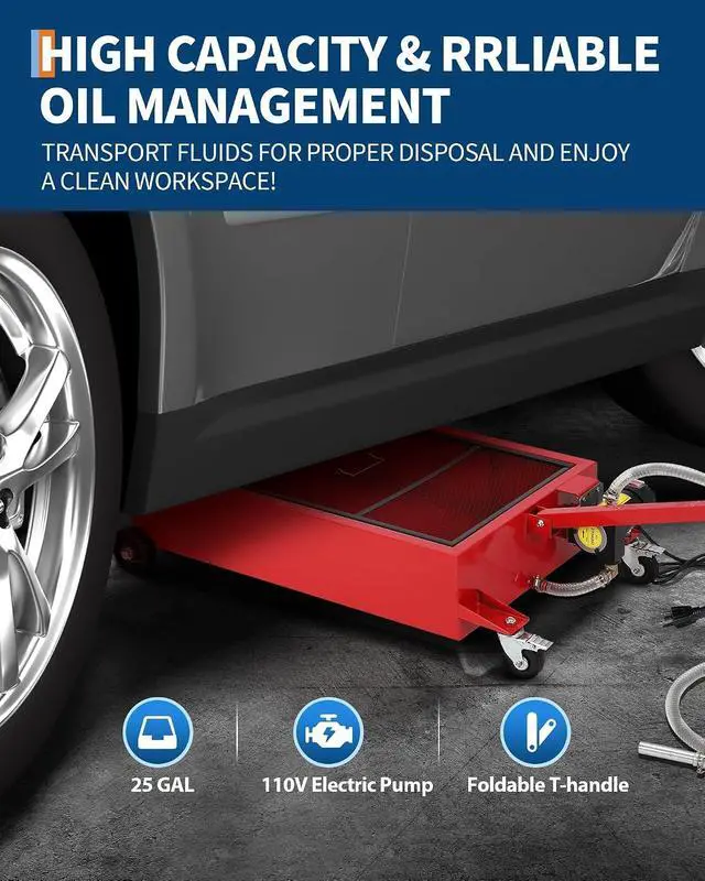 Alt view image 5 of 7 - Patikuin Heavy Duty Low Profile Oil Drain Pan - 25 Gallon, 110V Electric Pump, 8.2 ft Discharge Hose, Folding Handle - Rolling Oil Change Tank for Cars, Trucks, SUVs, Buses, RVs - Red | 25 Gallon