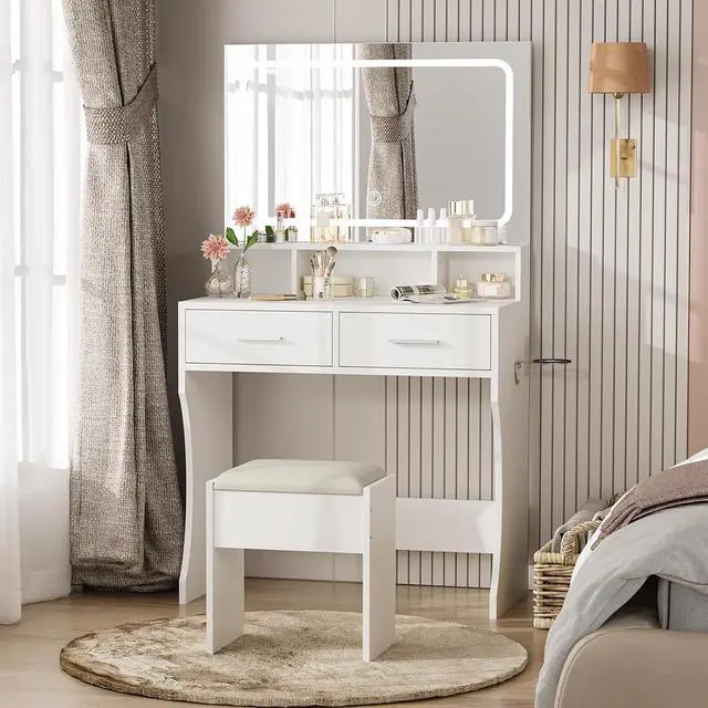 Alt view image 7 of 7 - Patikuin Vanity Desk with Mirror and Lights, Makeup Vanity Table Set with Drawers, Charging Station & Stool, Compact Wood Make Up Dressing Table for Girls Bedroom, Dorm Apartments, White