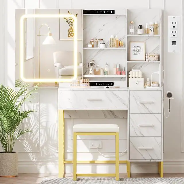 Main image of Vanity Desk with Mirror and Lights, Makeup Vanity Desk with Sliding LED Lighted Mirror, Power Outlet, Makeup Vanity Set with 4 Drawers, Storage Shelves, Cushioned Stool for Bedroom, Marble White