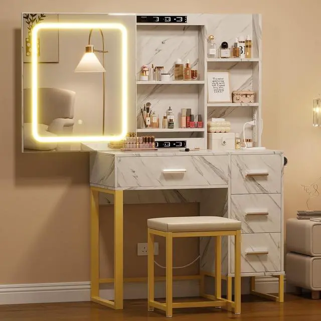 Alt view image 2 of 7 - Vanity Desk with Mirror and Lights, Makeup Vanity Desk with Sliding LED Lighted Mirror, Power Outlet, Makeup Vanity Set with 4 Drawers, Storage Shelves, Cushioned Stool for Bedroom, Marble White