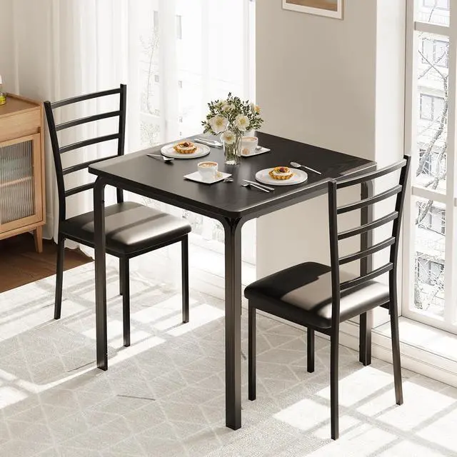 Alt view image 3 of 7 - Patikuin Space-Saving 3-Piece Modern Square Dining Table Set for 2 Black Table with 2 Upholstered Chairs Sturdy Metal Frame Built-in Wine Rack Easy Assembly Black
