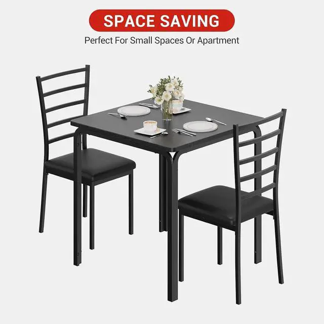 Alt view image 5 of 7 - Patikuin Space-Saving 3-Piece Modern Square Dining Table Set for 2 Black Table with 2 Upholstered Chairs Sturdy Metal Frame Built-in Wine Rack Easy Assembly Black
