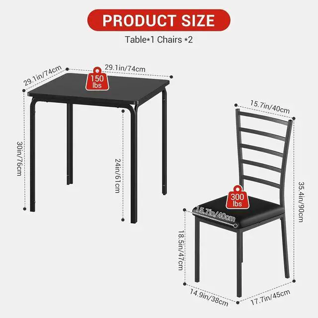 Alt view image 7 of 7 - Patikuin Space-Saving 3-Piece Modern Square Dining Table Set for 2 Black Table with 2 Upholstered Chairs Sturdy Metal Frame Built-in Wine Rack Easy Assembly Black