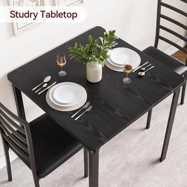 Alt view image 6 of 7 - Patikuin Space-Saving 3-Piece Modern Square Dining Table Set for 2 Black Table with 2 Upholstered Chairs Sturdy Metal Frame Built-in Wine Rack Easy Assembly Black