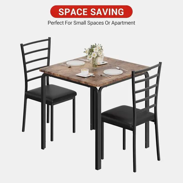 Alt view image 2 of 7 - Patikuin Space-Saving 3-Piece Modern Square Dining Table Set for 2 Small Kitchen Table with 2 Upholstered Chairs Sturdy Metal Frame Built-in Storage Shelf Easy Assembly Brown