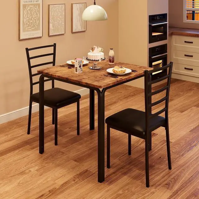 Main image of Patikuin Space-Saving 3-Piece Modern Square Dining Table Set for 2 Small Kitchen Table with 2 Upholstered Chairs Sturdy Metal Frame Built-in Storage Shelf Easy Assembly Brown