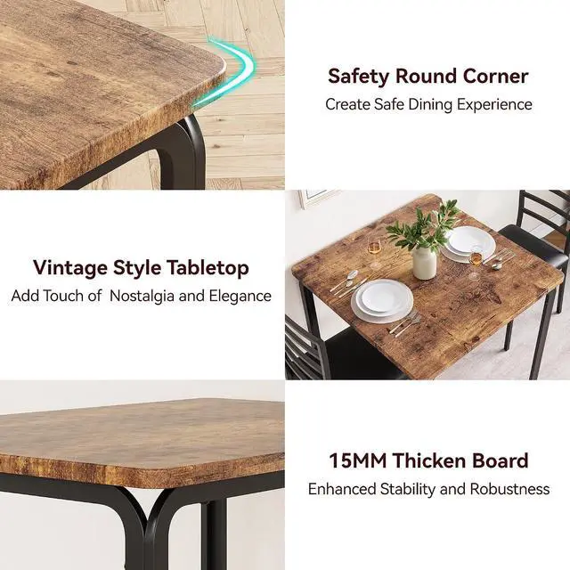 Alt view image 4 of 7 - Patikuin Space-Saving 3-Piece Modern Square Dining Table Set for 2 Small Kitchen Table with 2 Upholstered Chairs Sturdy Metal Frame Built-in Storage Shelf Easy Assembly Brown