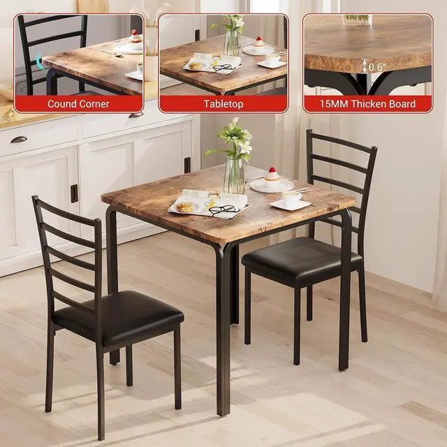 Alt view image 5 of 7 - Patikuin Space-Saving 3-Piece Modern Square Dining Table Set for 2 Small Kitchen Table with 2 Upholstered Chairs Sturdy Metal Frame Built-in Storage Shelf Easy Assembly Brown