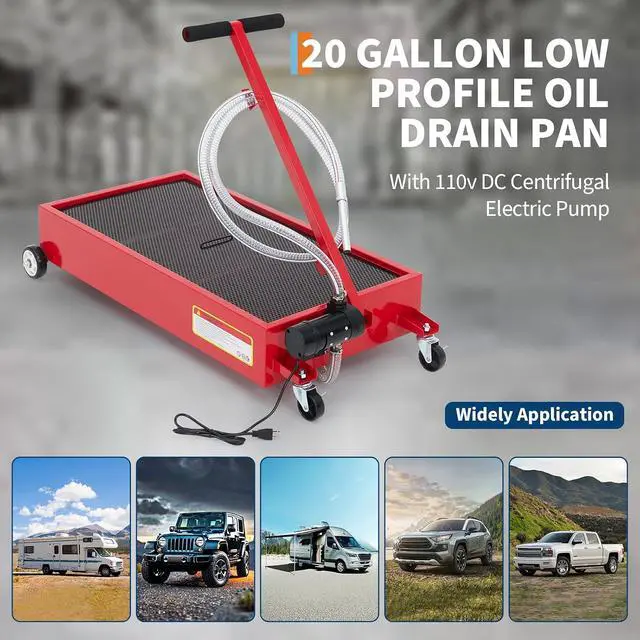 Alt view image 7 of 7 - Patikuin Heavy Duty Low Profile Oil Drain Pan - 20 Gallon, 110V Electric Pump, 8.2 ft Hose, Folding Handle, Metal Cart, Gloves Included - Large Capacity Oil Change Pan for Trucks, Buses, RVs, Cars