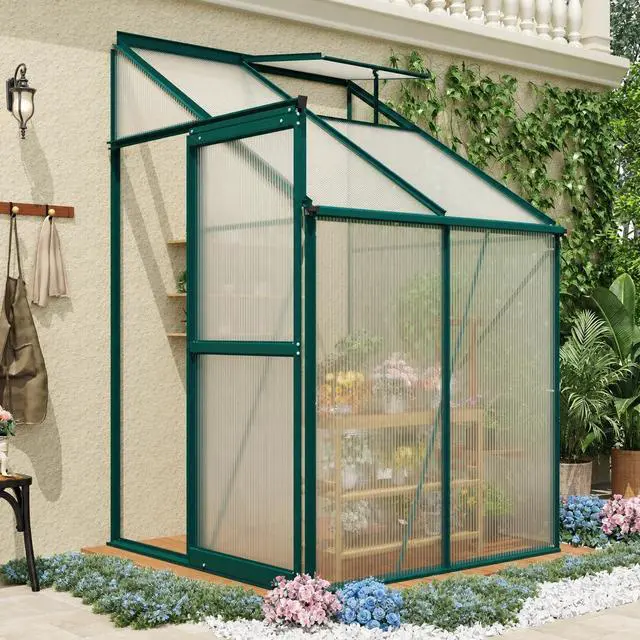 Main image of Patikuin Polycarbonate Greenhouse for Outdoors, Walk-in Garden Greenhouse with Adjustable Roof Vent, Sliding Door & Rain Gutter, Aluminum Frame for Patio Backyard, Green