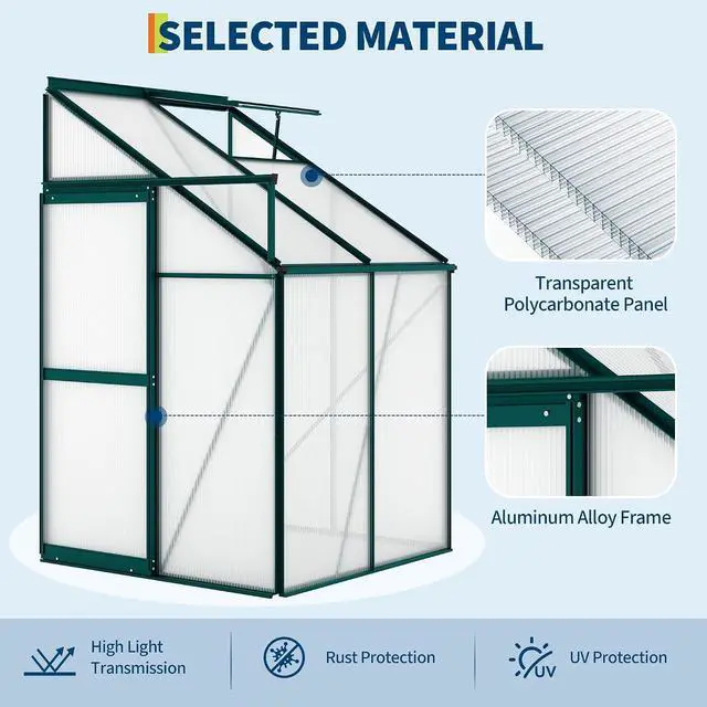 Alt view image 5 of 7 - Patikuin Polycarbonate Greenhouse for Outdoors, Walk-in Garden Greenhouse with Adjustable Roof Vent, Sliding Door & Rain Gutter, Aluminum Frame for Patio Backyard, Green