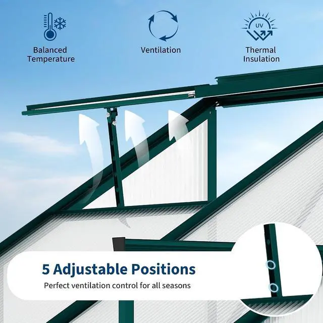 Alt view image 6 of 7 - Patikuin Polycarbonate Greenhouse for Outdoors, Walk-in Garden Greenhouse with Adjustable Roof Vent, Sliding Door & Rain Gutter, Aluminum Frame for Patio Backyard, Green