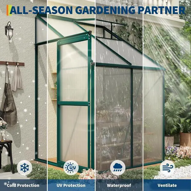 Alt view image 3 of 7 - Patikuin Polycarbonate Greenhouse for Outdoors, Walk-in Garden Greenhouse with Adjustable Roof Vent, Sliding Door & Rain Gutter, Aluminum Frame for Patio Backyard, Green