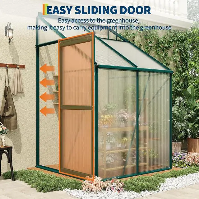 Alt view image 2 of 7 - Patikuin Polycarbonate Greenhouse for Outdoors, Walk-in Garden Greenhouse with Adjustable Roof Vent, Sliding Door & Rain Gutter, Aluminum Frame for Patio Backyard, Green