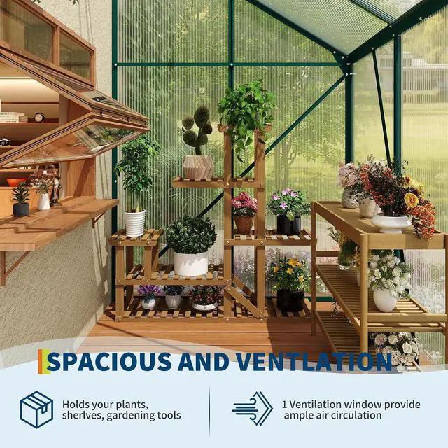 Alt view image 4 of 7 - Patikuin Polycarbonate Greenhouse for Outdoors, Walk-in Garden Greenhouse with Adjustable Roof Vent, Sliding Door & Rain Gutter, Aluminum Frame for Patio Backyard, Green