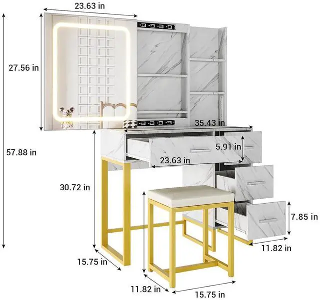 Alt view image 3 of 7 - Vanity Desk with Mirror and Lights, Makeup Vanity Desk with Sliding LED Lighted Mirror, Power Outlet, Makeup Vanity Set with 4 Drawers, Storage Shelves, Cushioned Stool for Bedroom, Marble White