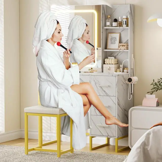 Alt view image 4 of 7 - Vanity Desk with Mirror and Lights, Makeup Vanity Desk with Sliding LED Lighted Mirror, Power Outlet, Makeup Vanity Set with 4 Drawers, Storage Shelves, Cushioned Stool for Bedroom, Marble White