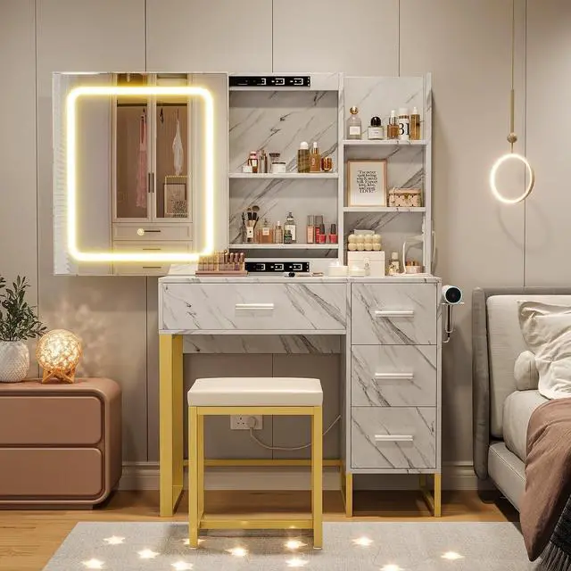 Alt view image 6 of 7 - Vanity Desk with Mirror and Lights, Makeup Vanity Desk with Sliding LED Lighted Mirror, Power Outlet, Makeup Vanity Set with 4 Drawers, Storage Shelves, Cushioned Stool for Bedroom, Marble White