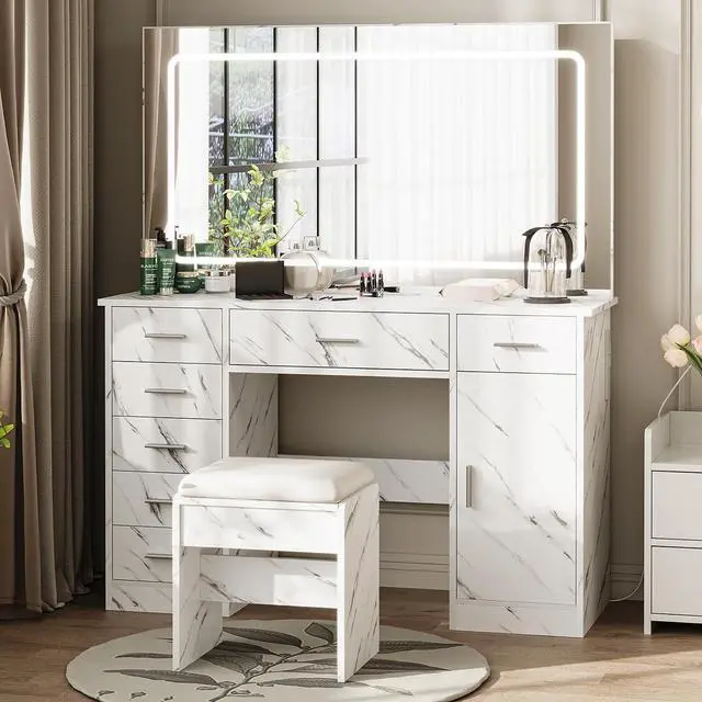 Main image of Vanity Desk with Large Mirror and Lights, Makeup Vanity with Power Outlet, 7 Drawers & Cushioned Stool, 3 Lighting Color Adjustable, Dressing Table with Hairdryer Holder for Bedroom, Marble White
