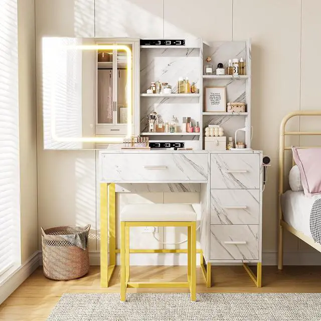 Alt view image 7 of 7 - Vanity Desk with Mirror and Lights, Makeup Vanity Desk with Sliding LED Lighted Mirror, Power Outlet, Makeup Vanity Set with 4 Drawers, Storage Shelves, Cushioned Stool for Bedroom, Marble White
