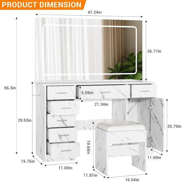 Alt view image 2 of 7 - Vanity Desk with Large Mirror and Lights, Makeup Vanity with Power Outlet, 7 Drawers & Cushioned Stool, 3 Lighting Color Adjustable, Dressing Table with Hairdryer Holder for Bedroom, Marble White
