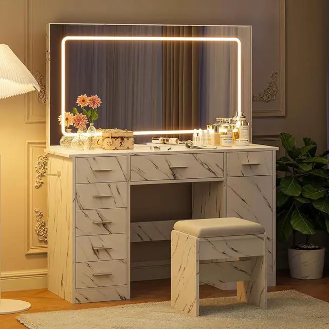 Alt view image 4 of 7 - Vanity Desk with Large Mirror and Lights, Makeup Vanity with Power Outlet, 7 Drawers & Cushioned Stool, 3 Lighting Color Adjustable, Dressing Table with Hairdryer Holder for Bedroom, Marble White