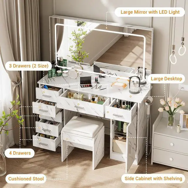Alt view image 3 of 7 - Vanity Desk with Large Mirror and Lights, Makeup Vanity with Power Outlet, 7 Drawers & Cushioned Stool, 3 Lighting Color Adjustable, Dressing Table with Hairdryer Holder for Bedroom, Marble White