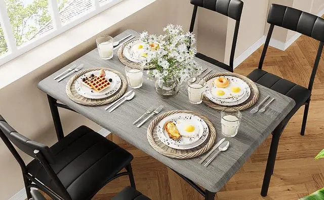 Alt view image 5 of 7 - Patikuin Farmhouse 5-Piece Dining Table Set for 4, Compact Wooden Rectangular Kitchen Table with 4 Upholstered Padded Chairs, Space-Saving Dining Furniture for Small Apartments & Living Spaces Grey