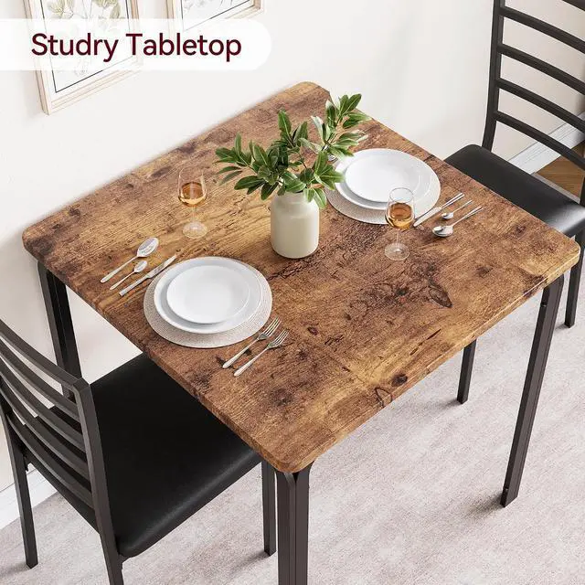 Alt view image 6 of 7 - Patikuin Space-Saving 3-Piece Modern Square Dining Table Set for 2 Small Kitchen Table with 2 Upholstered Chairs Sturdy Metal Frame Built-in Storage Shelf Easy Assembly Brown