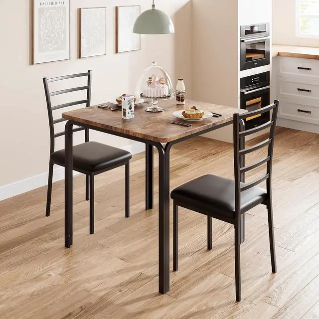 Alt view image 7 of 7 - Patikuin Space-Saving 3-Piece Modern Square Dining Table Set for 2 Small Kitchen Table with 2 Upholstered Chairs Sturdy Metal Frame Built-in Storage Shelf Easy Assembly Brown