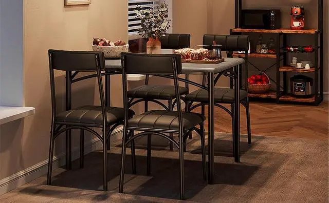 Alt view image 7 of 7 - Patikuin Farmhouse 5-Piece Dining Table Set for 4, Compact Wooden Rectangular Kitchen Table with 4 Upholstered Padded Chairs, Space-Saving Dining Furniture for Small Apartments & Living Spaces Grey