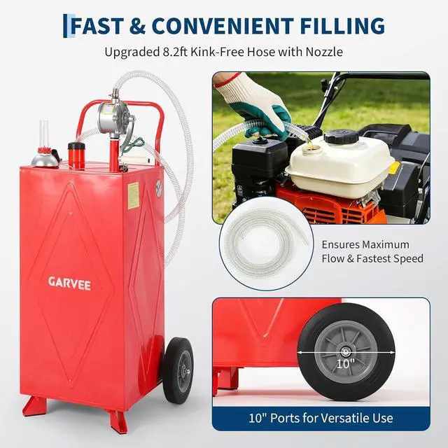 Alt view image 3 of 7 - Patikuin 35 Gallon Portable Fuel Tank, Heavy Duty Gas Caddy with Manual Transfer Pump, 4-Wheel Mobile Gasoline & Fuel Storage Tank for Cars, Tractors, Boats, Lawn Mowers