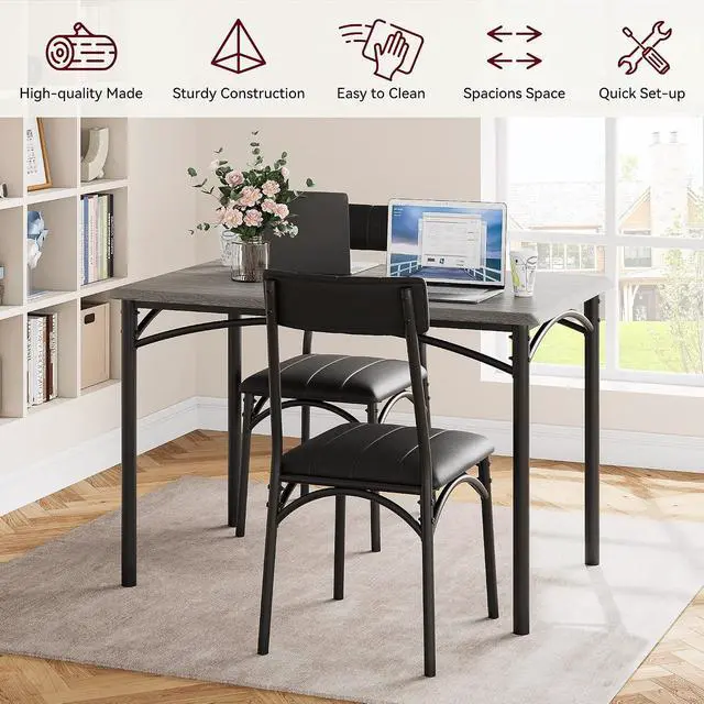 Alt view image 4 of 7 - Patikuin Farmhouse 5-Piece Dining Table Set for 4, Compact Wooden Rectangular Kitchen Table with 4 Upholstered Padded Chairs, Space-Saving Dining Furniture for Small Apartments & Living Spaces Grey
