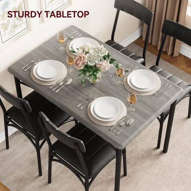 Alt view image 2 of 7 - Patikuin Farmhouse 5-Piece Dining Table Set for 4, Compact Wooden Rectangular Kitchen Table with 4 Upholstered Padded Chairs, Space-Saving Dining Furniture for Small Apartments & Living Spaces Grey