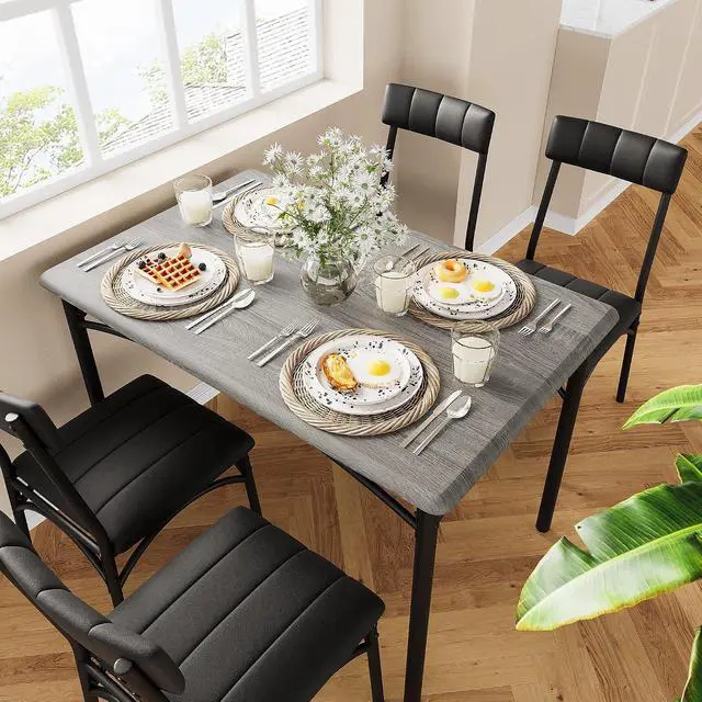 Alt view image 3 of 7 - Patikuin Farmhouse 5-Piece Dining Table Set for 4, Compact Wooden Rectangular Kitchen Table with 4 Upholstered Padded Chairs, Space-Saving Dining Furniture for Small Apartments & Living Spaces Grey