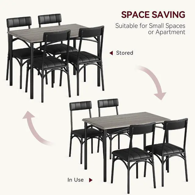 Alt view image 6 of 7 - Patikuin Farmhouse 5-Piece Dining Table Set for 4, Compact Wooden Rectangular Kitchen Table with 4 Upholstered Padded Chairs, Space-Saving Dining Furniture for Small Apartments & Living Spaces Grey