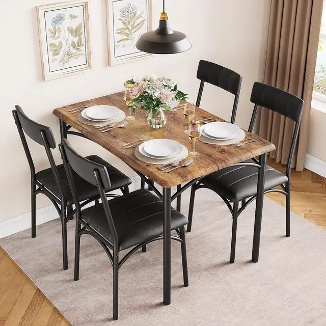 Main image of Patikuin Farmhouse Dining Table Set for 4, Compact 5-Piece Wooden Kitchen Table with 4 Padded Chairs, Small Rectangular Table and Chairs Set of 4, Ideal for Apartments and Small Living Spaces,Brown