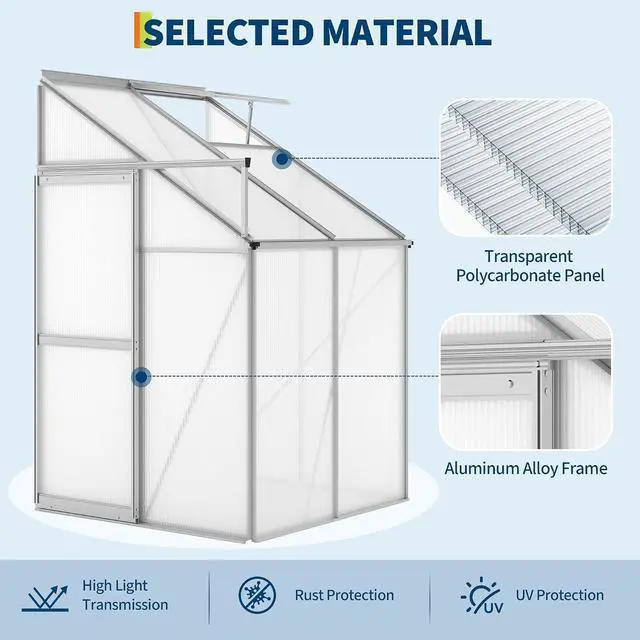 Alt view image 5 of 7 - Patikuin Polycarbonate Greenhouse for Outdoors, Walk-in Garden Greenhouse with Adjustable Roof Vent, Sliding Door & Rain Gutter, Aluminum Frame for Patio Backyard, Silver