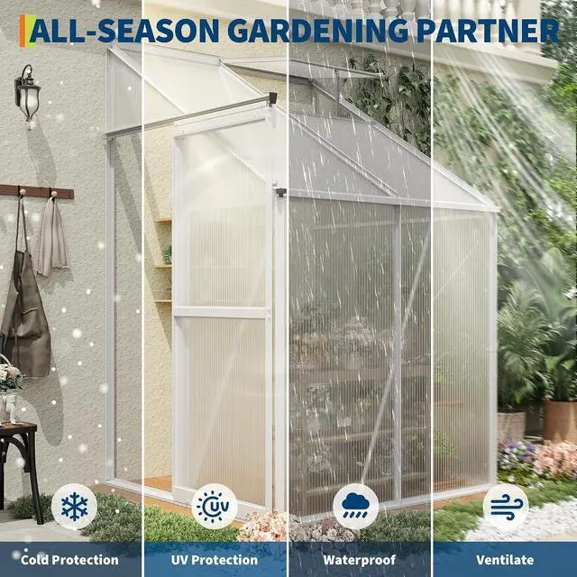 Alt view image 3 of 7 - Patikuin Polycarbonate Greenhouse for Outdoors, Walk-in Garden Greenhouse with Adjustable Roof Vent, Sliding Door & Rain Gutter, Aluminum Frame for Patio Backyard, Silver
