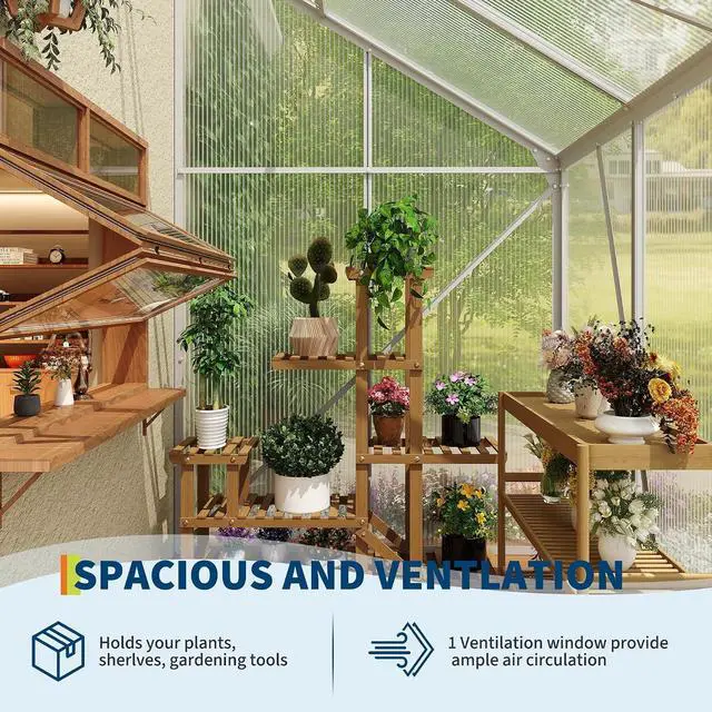 Alt view image 4 of 7 - Patikuin Polycarbonate Greenhouse for Outdoors, Walk-in Garden Greenhouse with Adjustable Roof Vent, Sliding Door & Rain Gutter, Aluminum Frame for Patio Backyard, Silver