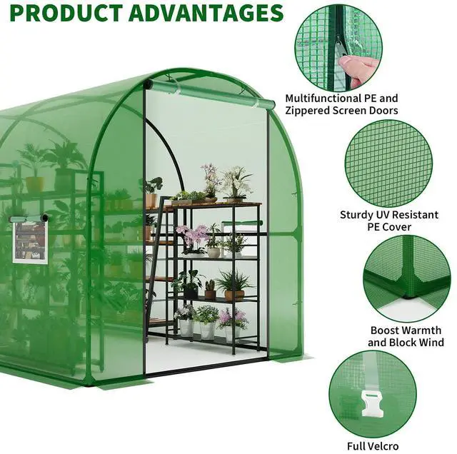 Alt view image 2 of 7 - Patikuin Large Walk-in Tunnel Greenhouse, Heavy Duty Galvanized Steel Frame, Mesh Door & Windows, Roll-Up Zipper Door, UV-Protected PE Cover for Garden Plants, Green