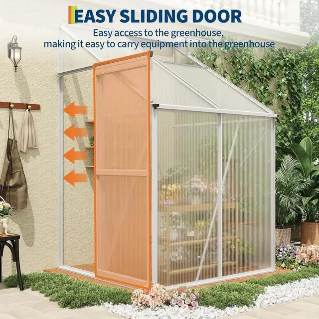 Alt view image 2 of 7 - Patikuin Polycarbonate Greenhouse for Outdoors, Walk-in Garden Greenhouse with Adjustable Roof Vent, Sliding Door & Rain Gutter, Aluminum Frame for Patio Backyard, Silver