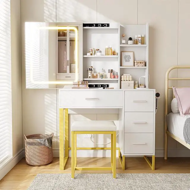 Main image of Patikuin Vanity Desk with Mirror and Lights, Power Outlets, Wood Makeup Vanity Table with Cushioned Chair, Hairdryer Holder, 3 Lighting Colors, 4 Drawers and 5 Storage Shelves for Bedroom, White